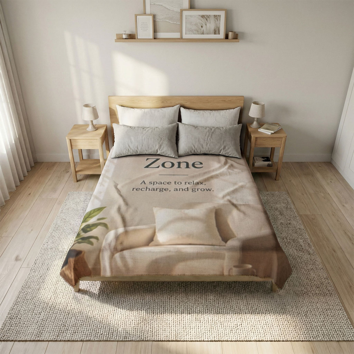 Custom Printed Comfort Zone Coverlet — Woven-Style Relaxing Room Throw with ‘A space to relax, recharge, and grow’ Text