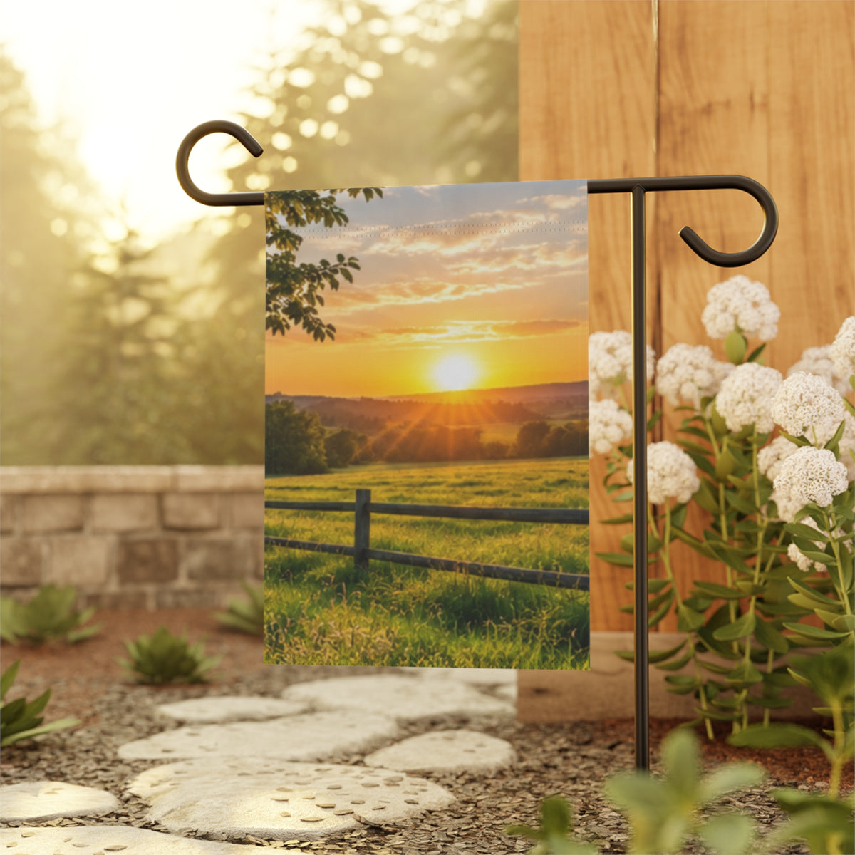 Custom Printed Sunrise Countryside Garden Flag — Scenic Farmhouse Yard Banner - Mayon Finds