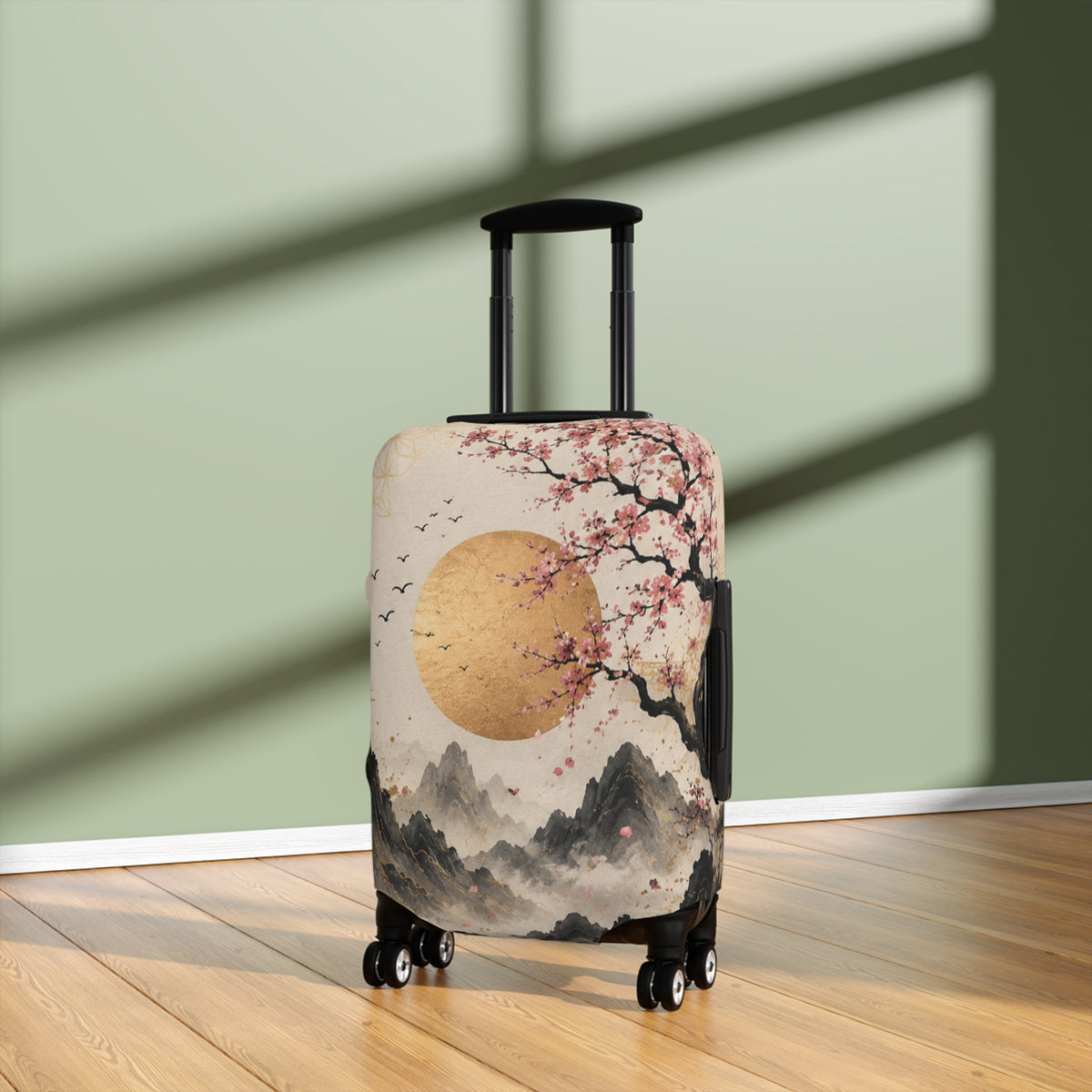 Custom Printed Cherry Blossom Luggage Cover – Japanese Sunrise Design, 3 Sizes, Spandex