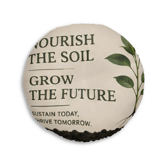 Custom Printed Round Tufted Floor Pillow — Tractor Farm & "Nourish the Soil" Eco Garden Decor