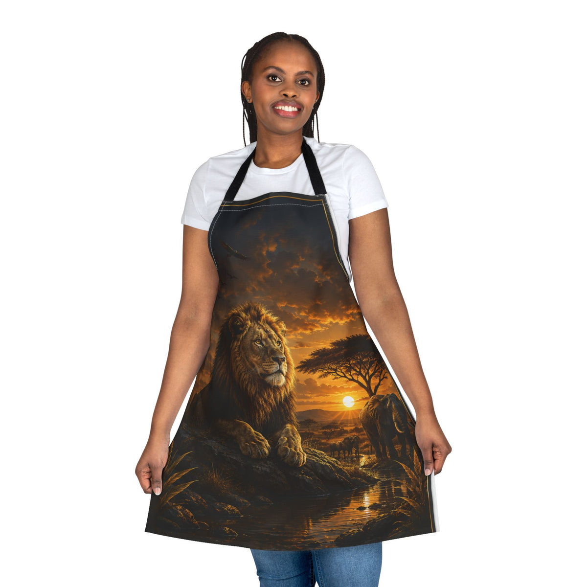 Custom Printed Lion Sunset Kitchen Apron – African Safari Design, 5 Strap Colors, Stain-Resistant