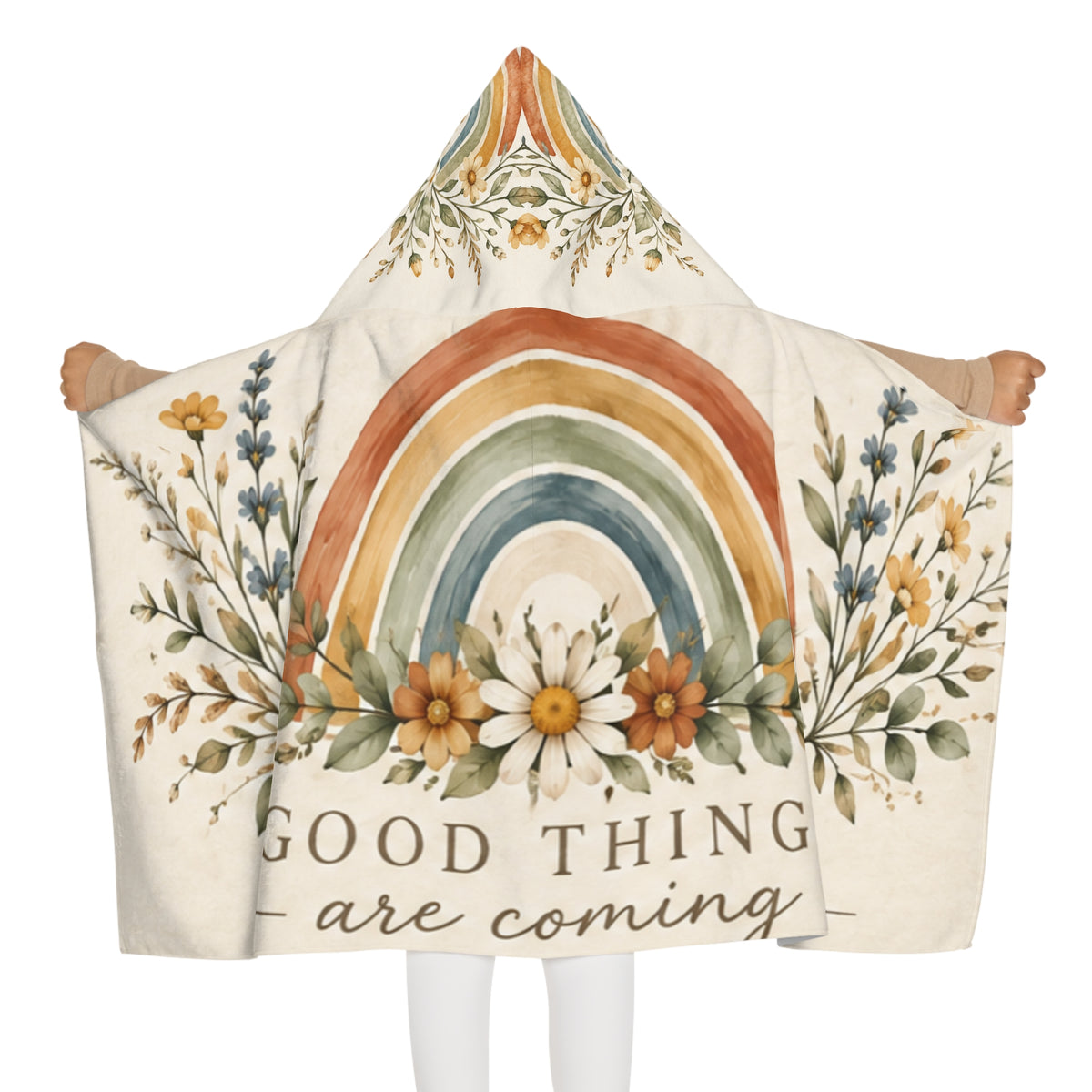 Custom Printed Youth Hooded Towel — 'Good Things Are Coming' Rainbow Floral Hooded Beach & Bath Towel - Mayon Finds