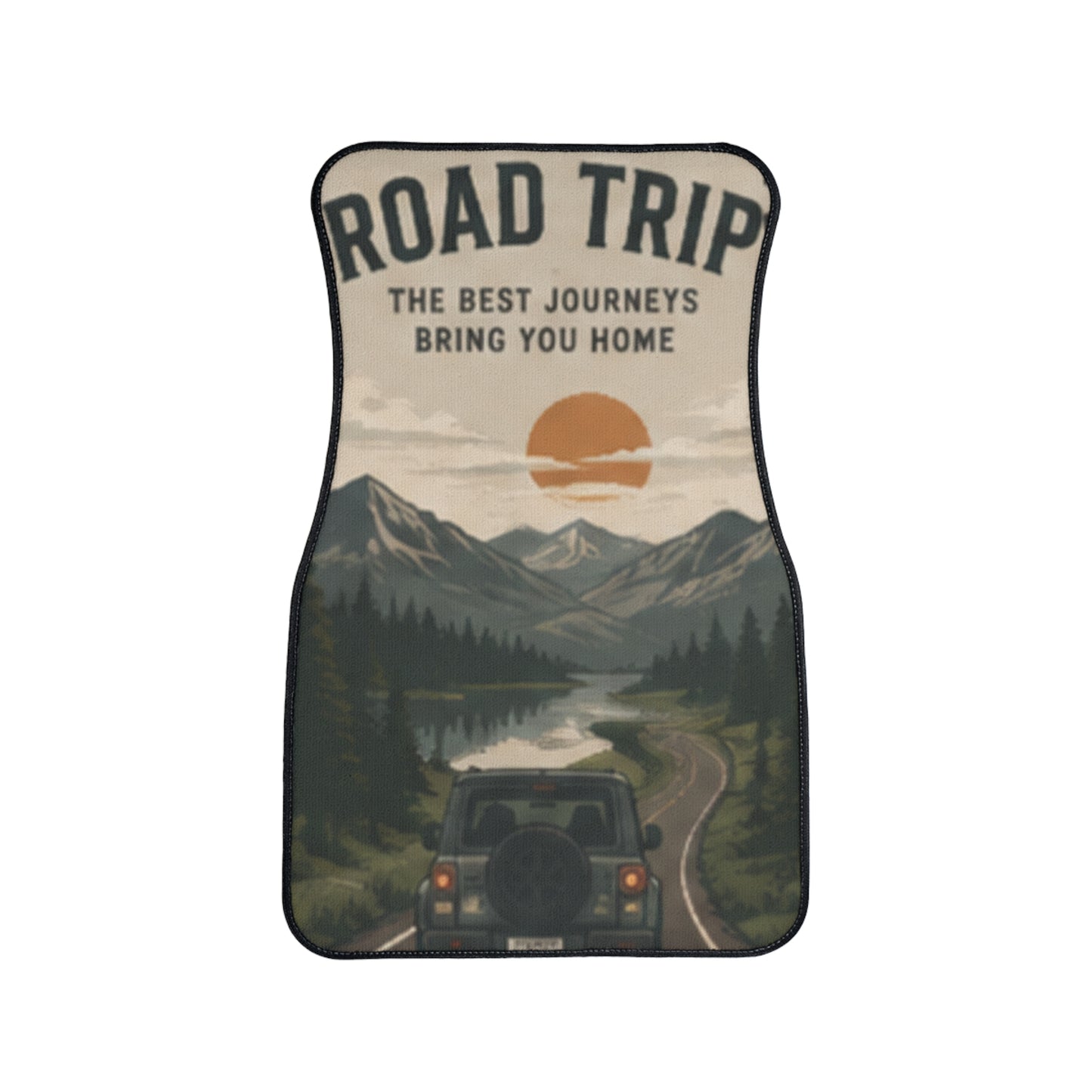 Custom Printed Car Floor Mat - 'Road Trip: The Best Journeys Bring You Home' Scenic Mountain Design