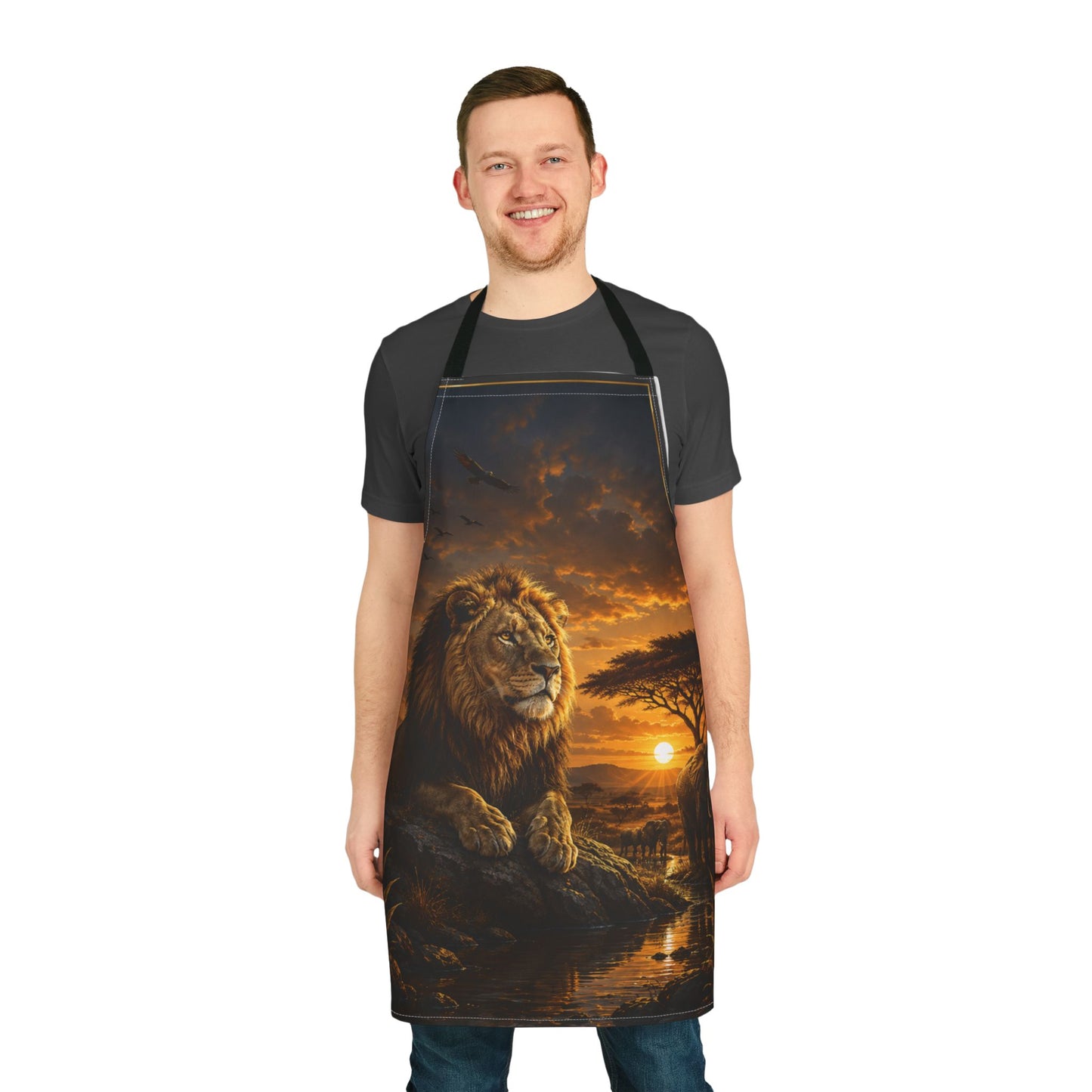 Custom Printed Lion Sunset Kitchen Apron – African Safari Design, 5 Strap Colors, Stain-Resistant