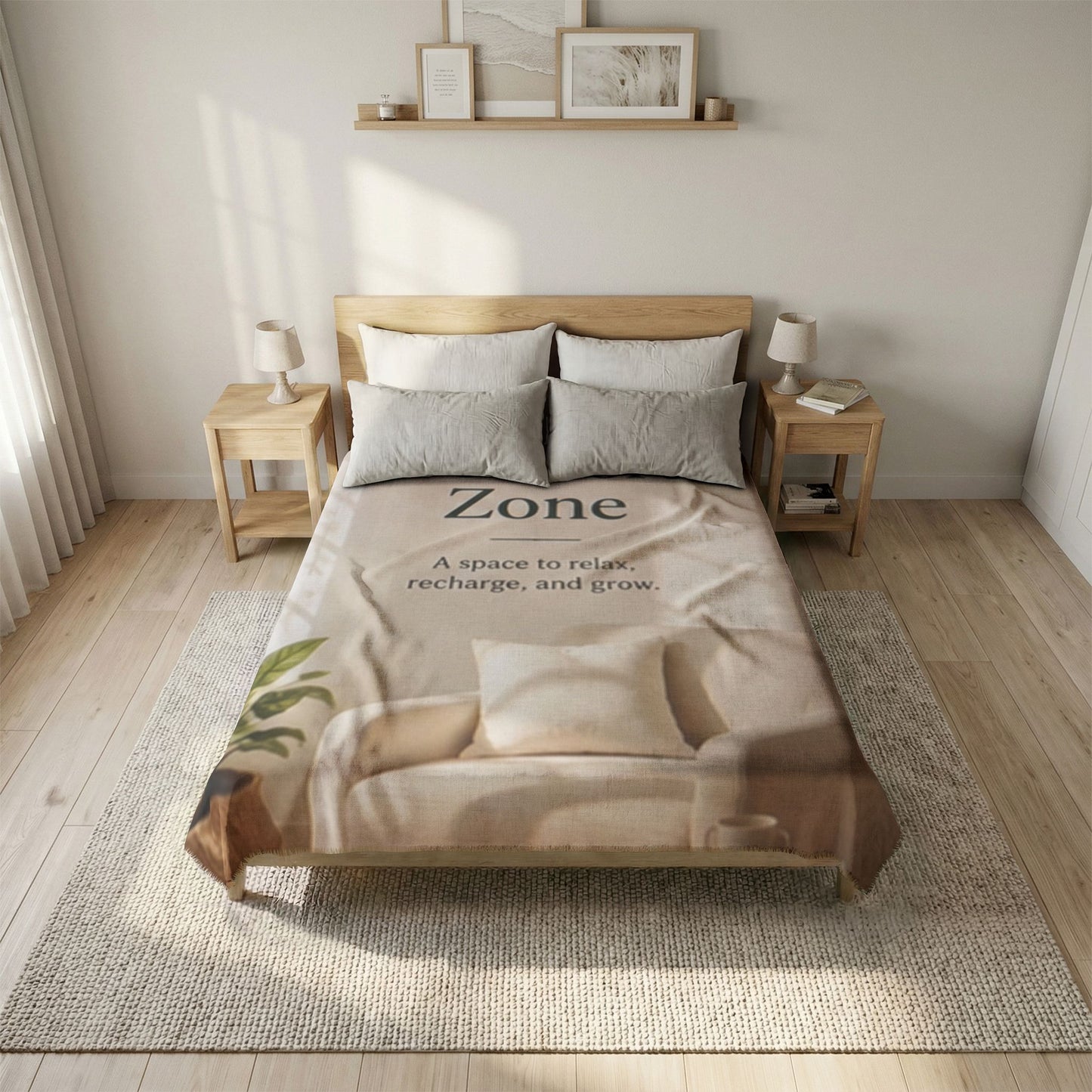 Custom Printed Comfort Zone Coverlet — Woven-Style Relaxing Room Throw with ‘A space to relax, recharge, and grow’ Text