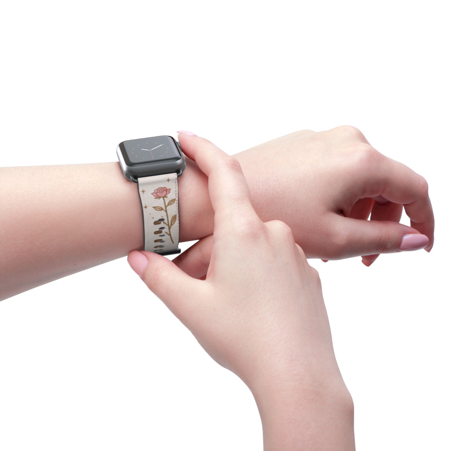 Custom Printed Floral Rose Leather Watch Band — Pink Heart & Gold Leaf Apple Watch Strap