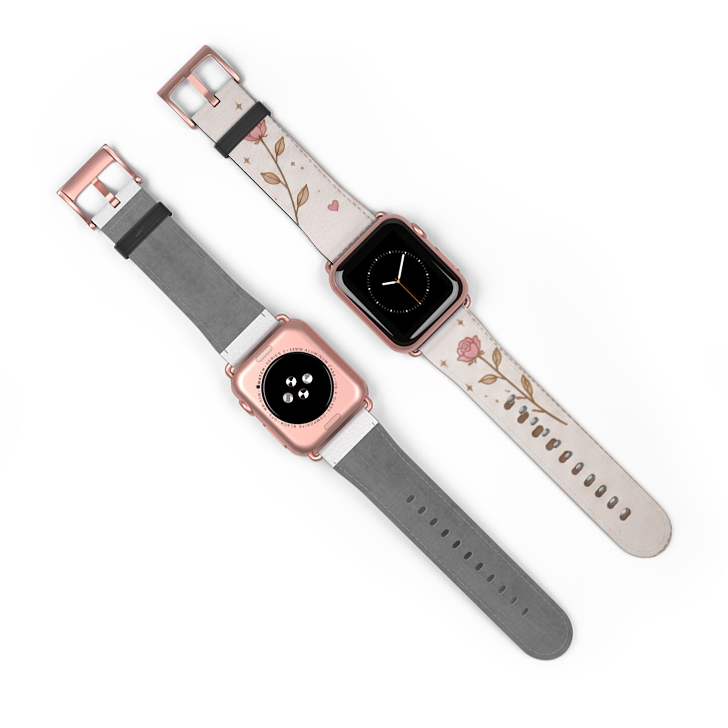 Custom Printed Floral Rose Leather Watch Band — Pink Heart & Gold Leaf Apple Watch Strap