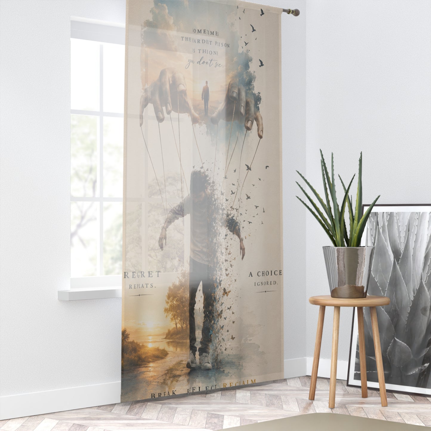 Custom Printed Inspirational Window Curtain — 'Regret or Choice' Motivational Art Panel
