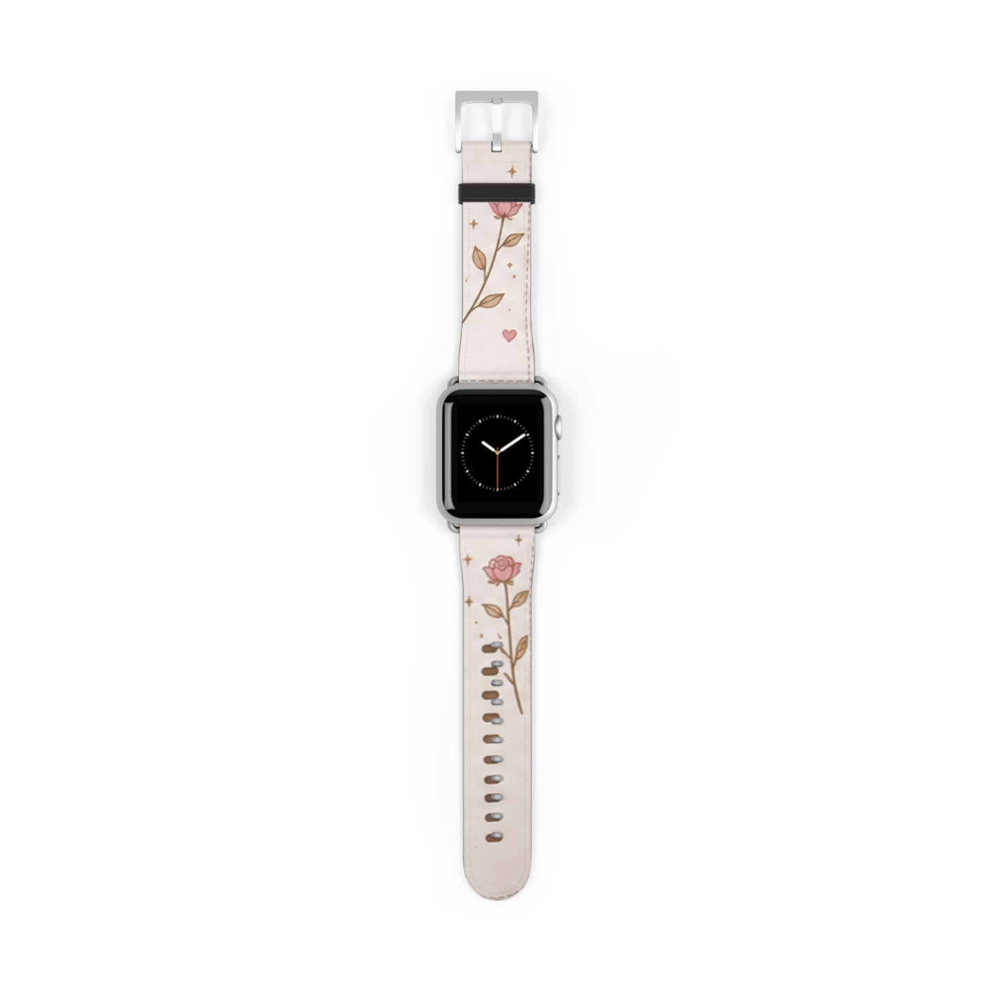 Custom Printed Floral Rose Leather Watch Band — Pink Heart & Gold Leaf Apple Watch Strap