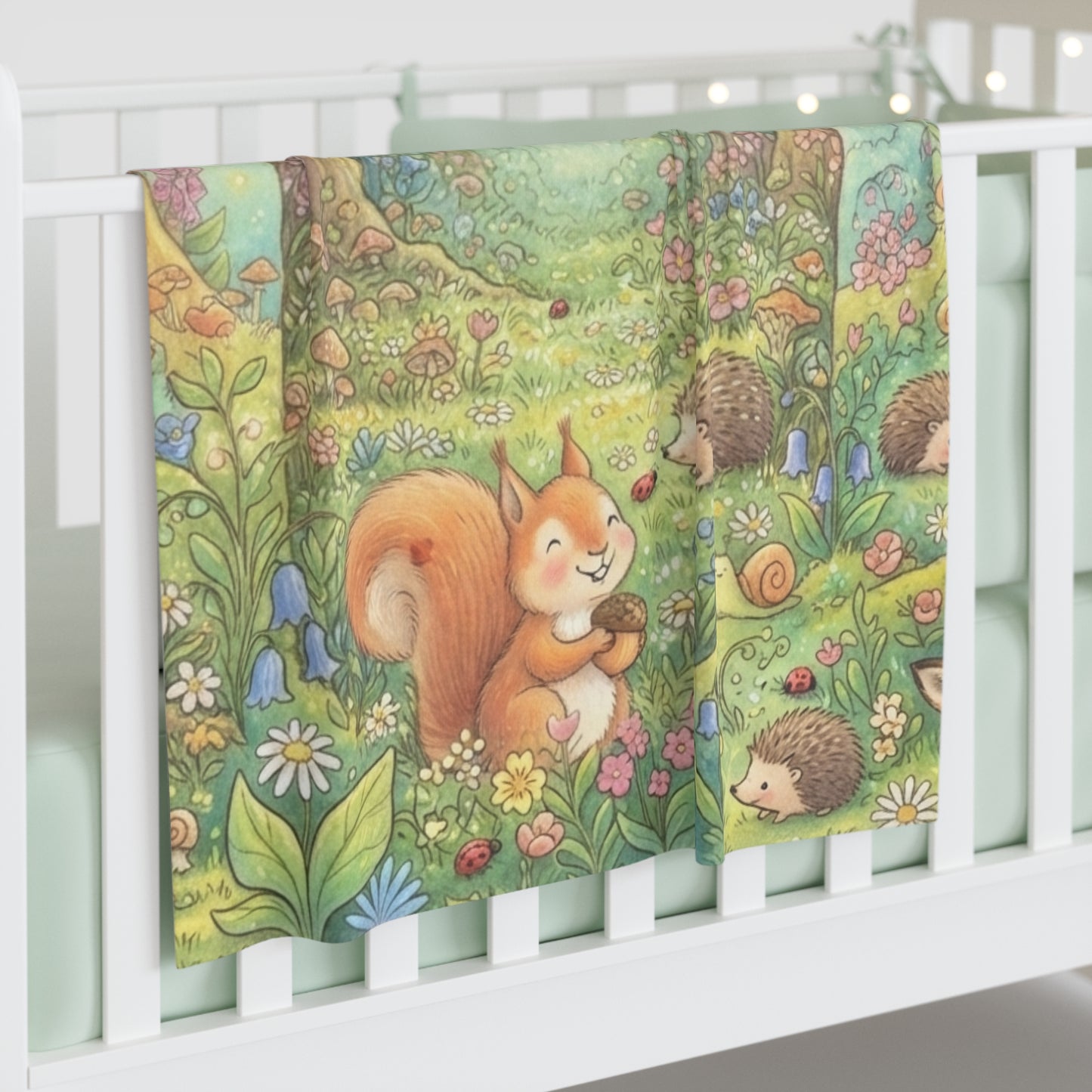 Custom Printed Woodland Baby Swaddle Blanket — Cute Squirrel & Hedgehog Nursery Wrap