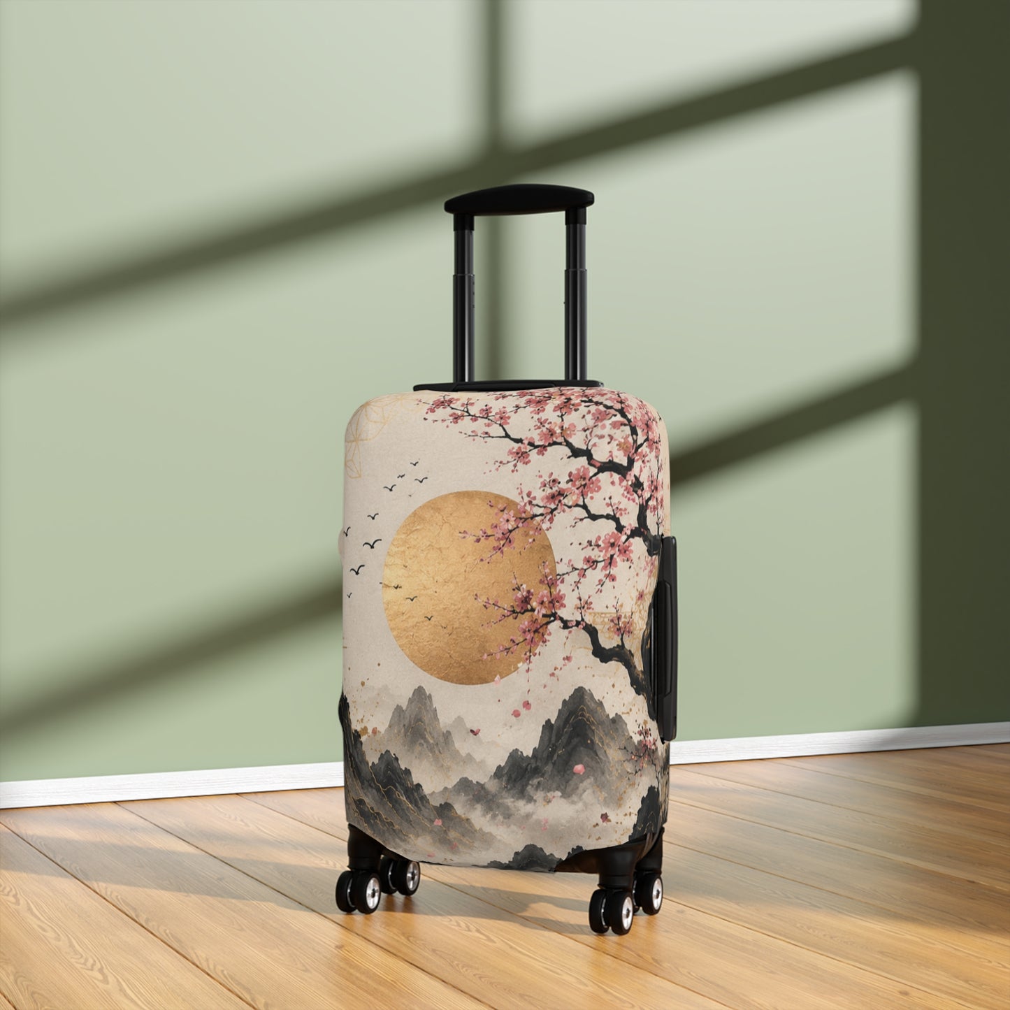Custom Printed Cherry Blossom Luggage Cover – Japanese Sunrise Design, 3 Sizes, Spandex