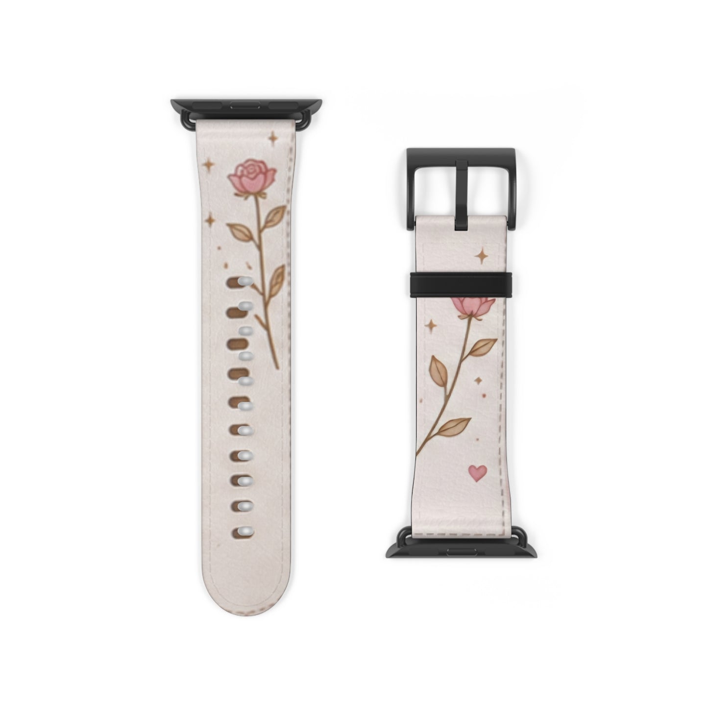 Custom Printed Floral Rose Leather Watch Band — Pink Heart & Gold Leaf Apple Watch Strap