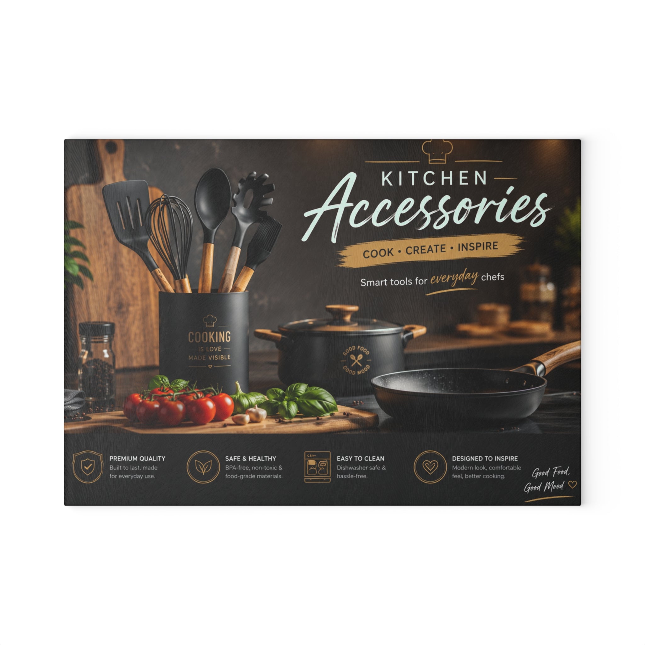 Custom Printed  Kitchen Accessories Glass Cutting Board – Decorative Chef Tools Design