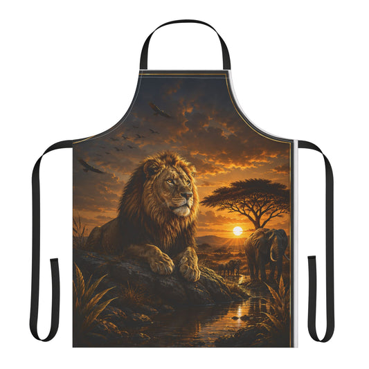 Custom Printed Lion Sunset Kitchen Apron – African Safari Design, 5 Strap Colors, Stain-Resistant