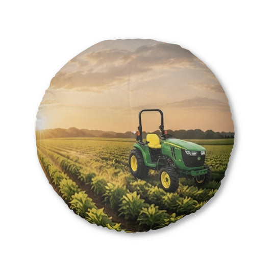 Custom Printed Round Tufted Floor Pillow — Tractor Farm & "Nourish the Soil" Eco Garden Decor