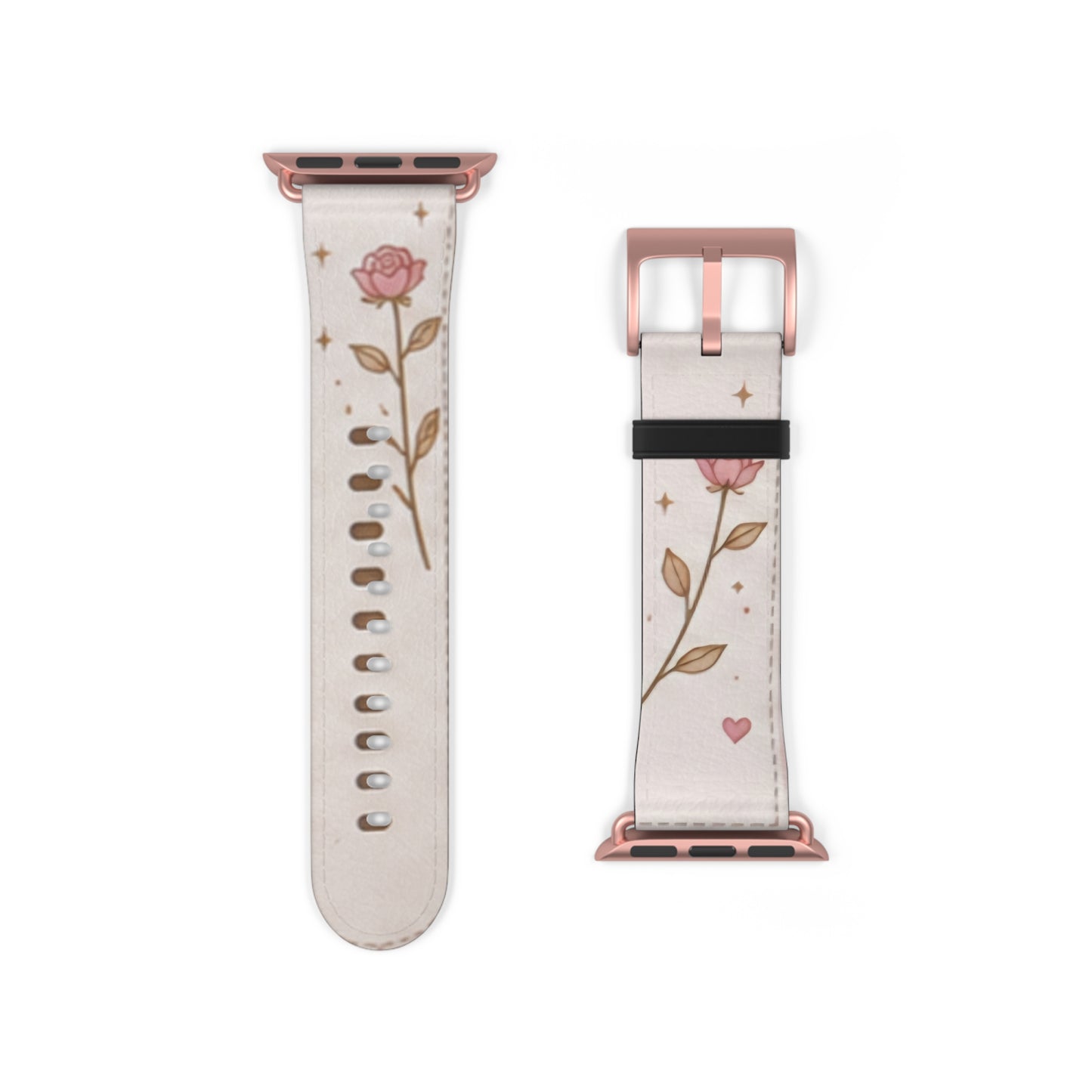 Custom Printed Floral Rose Leather Watch Band — Pink Heart & Gold Leaf Apple Watch Strap