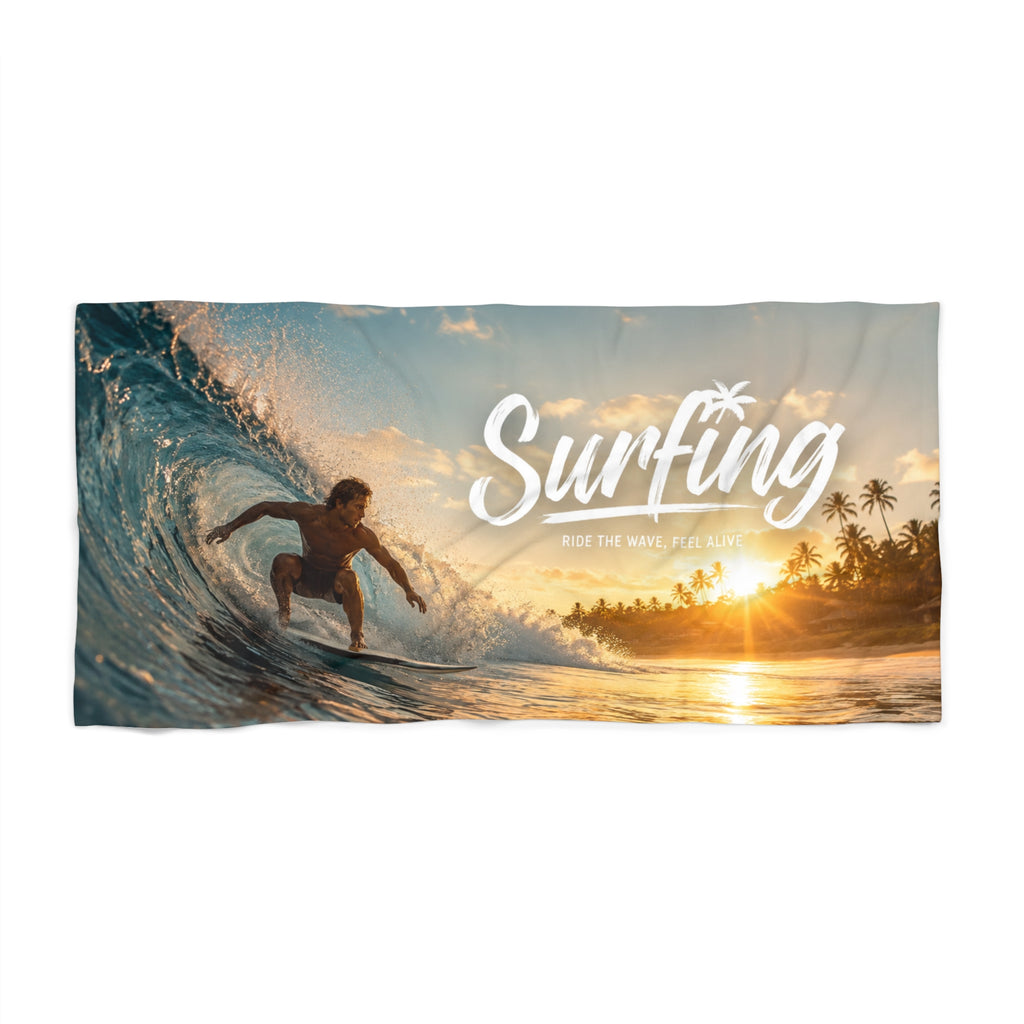 Custom Printed Surfing Sunset Beach Towel — Surfer Wave Photo Print