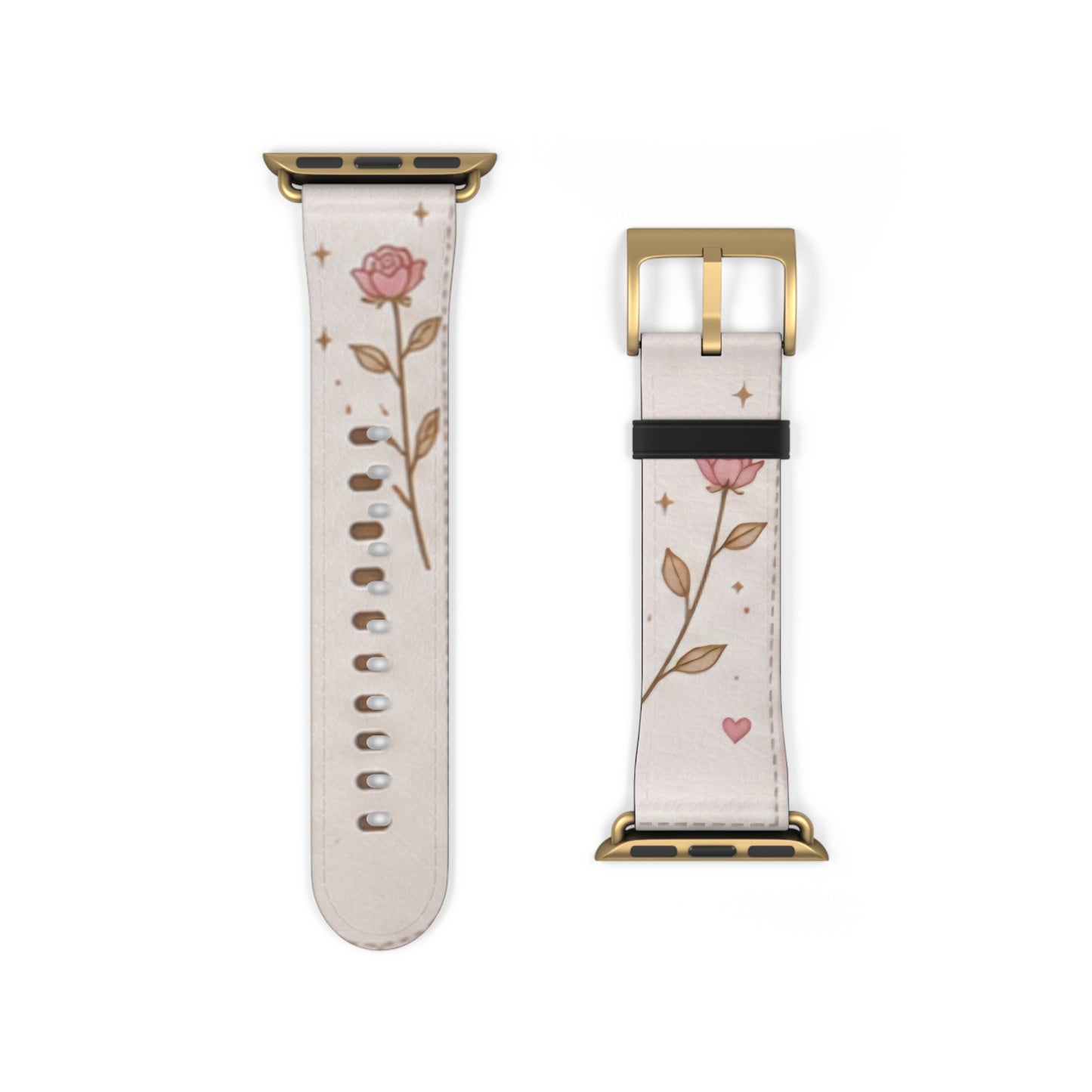 Custom Printed Floral Rose Leather Watch Band — Pink Heart & Gold Leaf Apple Watch Strap