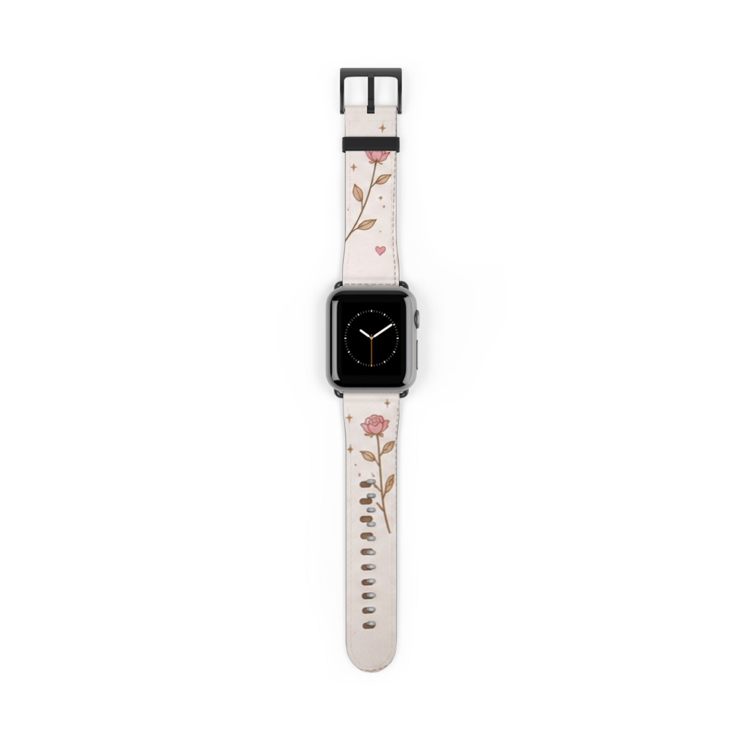 Custom Printed Floral Rose Leather Watch Band — Pink Heart & Gold Leaf Apple Watch Strap