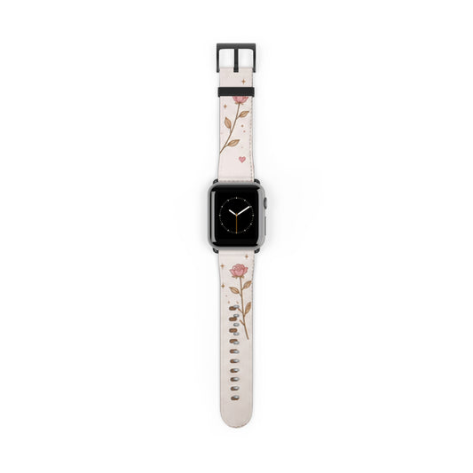 Custom Printed Floral Rose Leather Watch Band — Pink Heart & Gold Leaf Apple Watch Strap