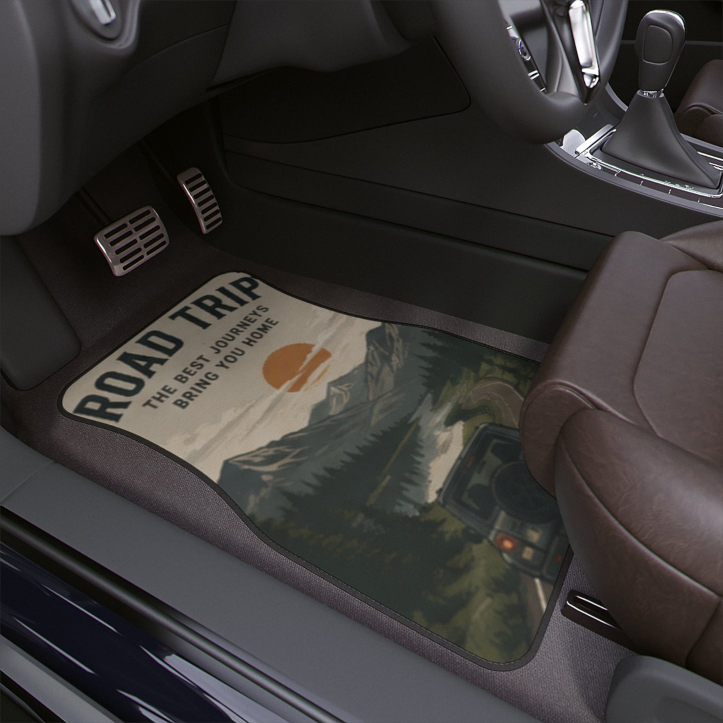 Custom Printed Car Floor Mat - 'Road Trip: The Best Journeys Bring You Home' Scenic Mountain Design