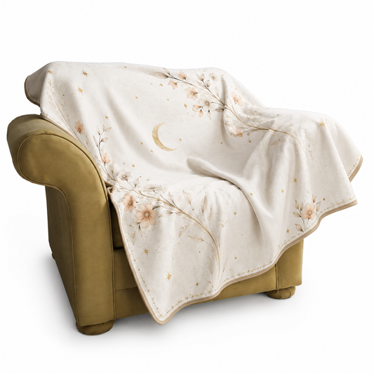Custom Printed Boho Floral Crescent Moon Fleece Blanket – Soft, Cozy & Celestial