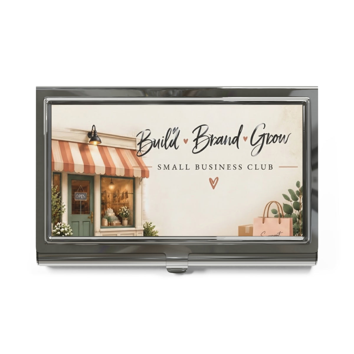 Custom Printed Business Card Holder — "Build * Brand * Grow" Small Business Club Metal Case - Mayon Finds