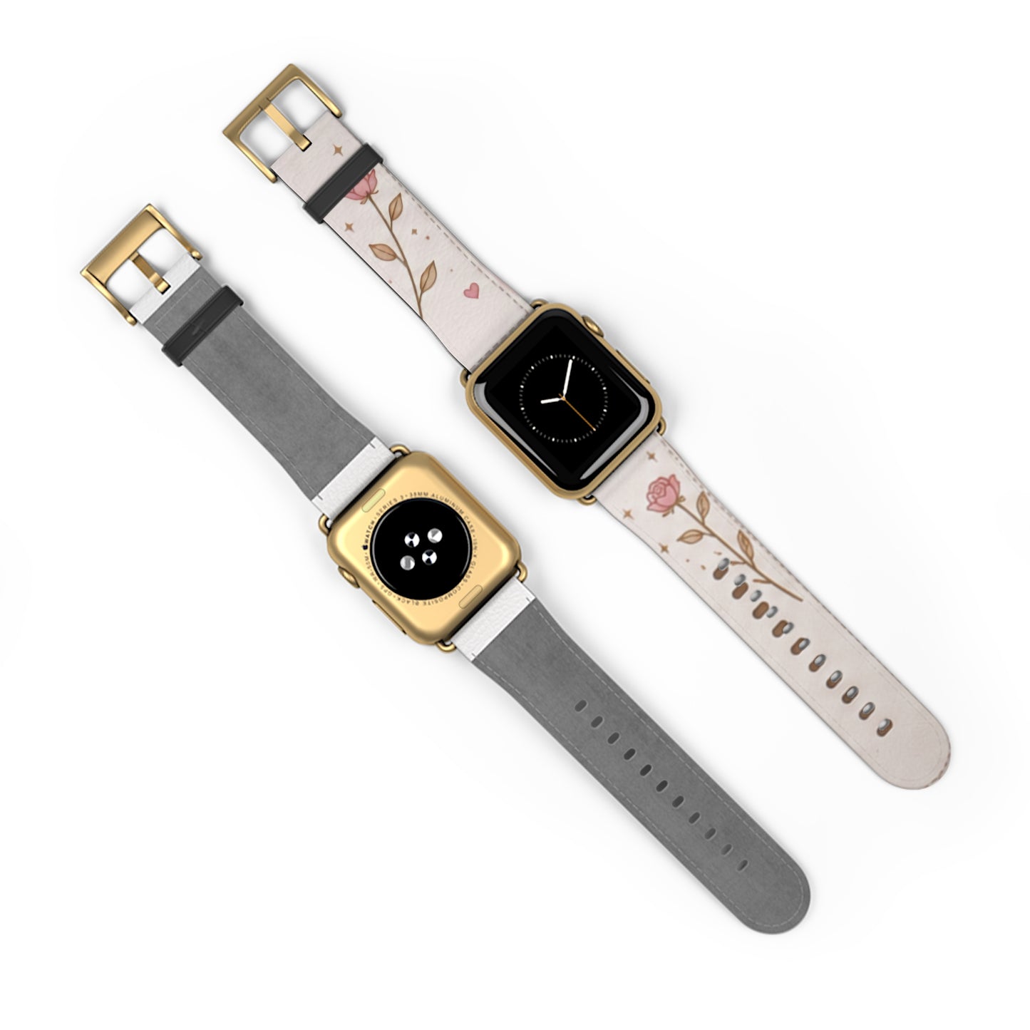Custom Printed Floral Rose Leather Watch Band — Pink Heart & Gold Leaf Apple Watch Strap
