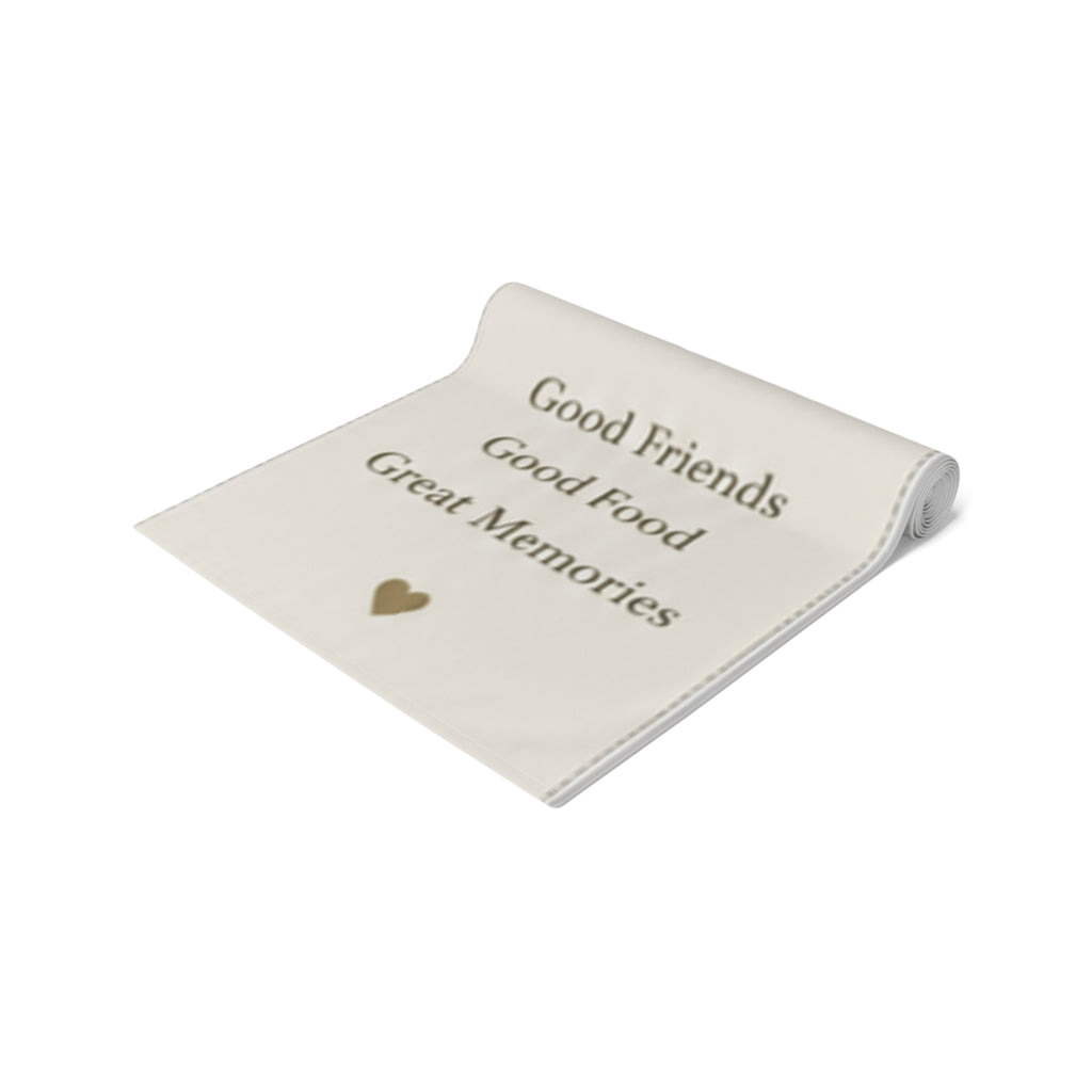 Custom Printed  Welcome to Our Gathering Table Runner — 'Good Friends, Good Food, Great Memories' (Rustic Greenery, Holiday & Family Entertaining)