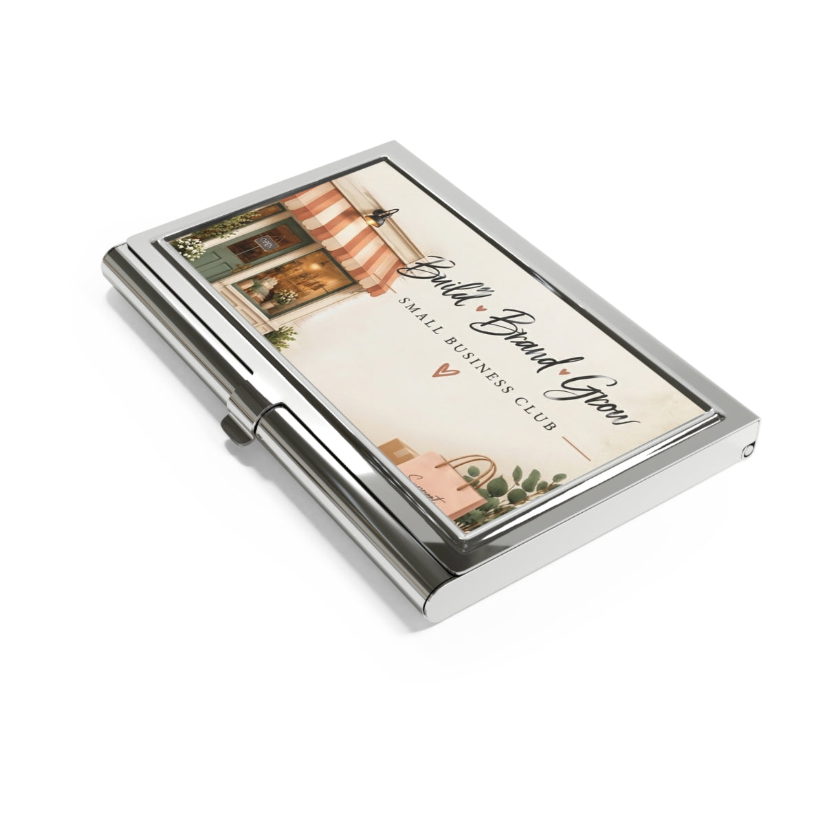 Custom Printed Business Card Holder — "Build * Brand * Grow" Small Business Club Metal Case - Mayon Finds