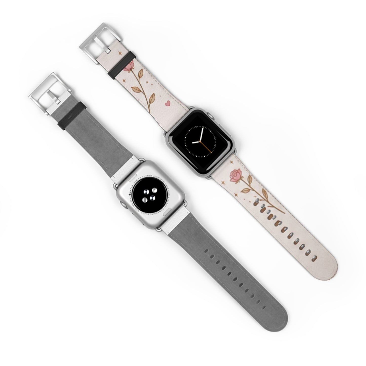 Custom Printed Floral Rose Leather Watch Band — Pink Heart & Gold Leaf Apple Watch Strap