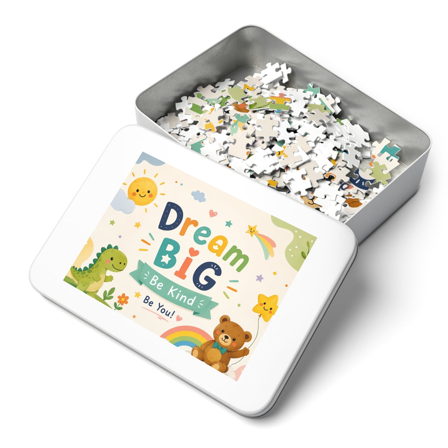 Custom Printed Kids Jigsaw Puzzle with Tin – “Dream Big, Be Kind, Be You” Inspirational Design