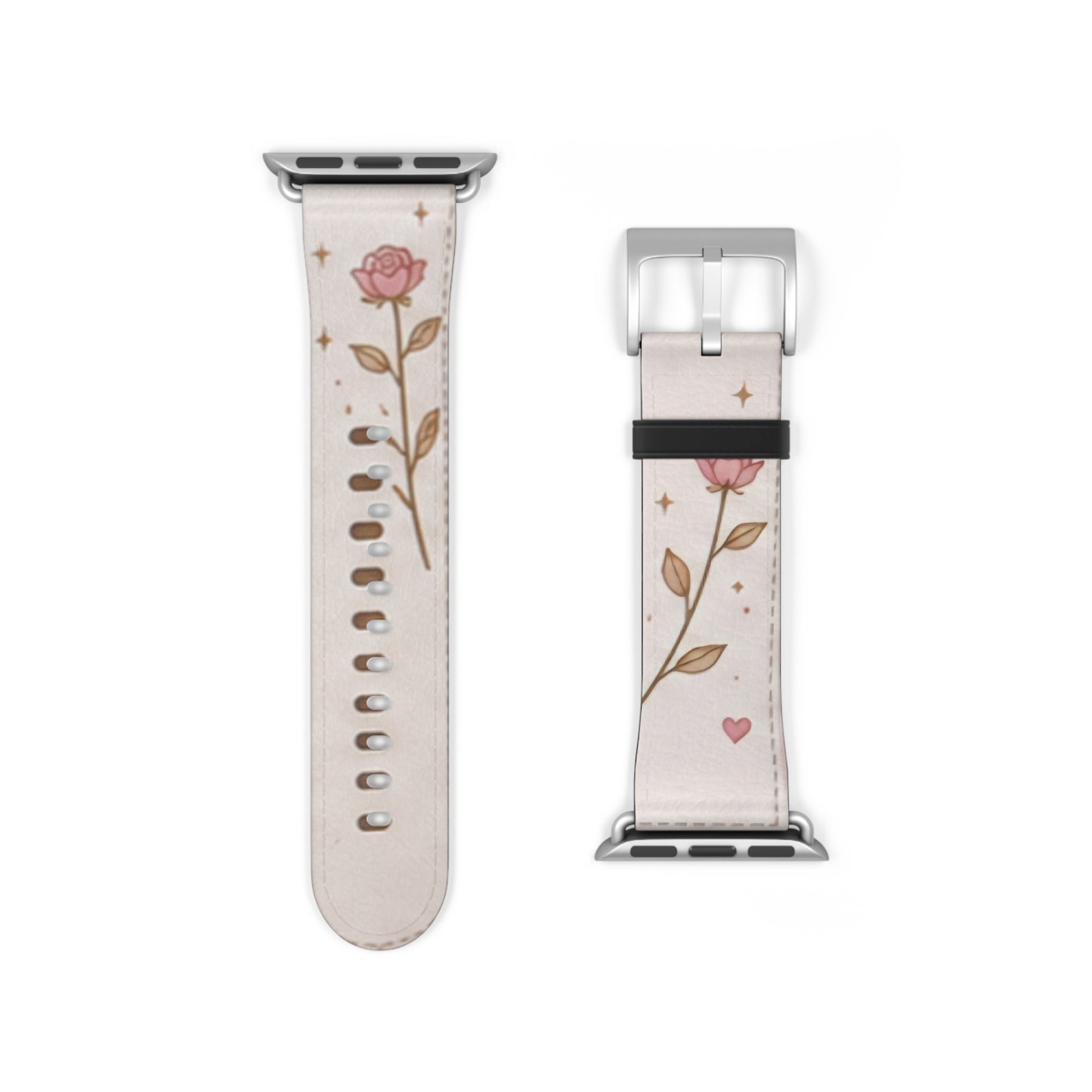 Custom Printed Floral Rose Leather Watch Band — Pink Heart & Gold Leaf Apple Watch Strap