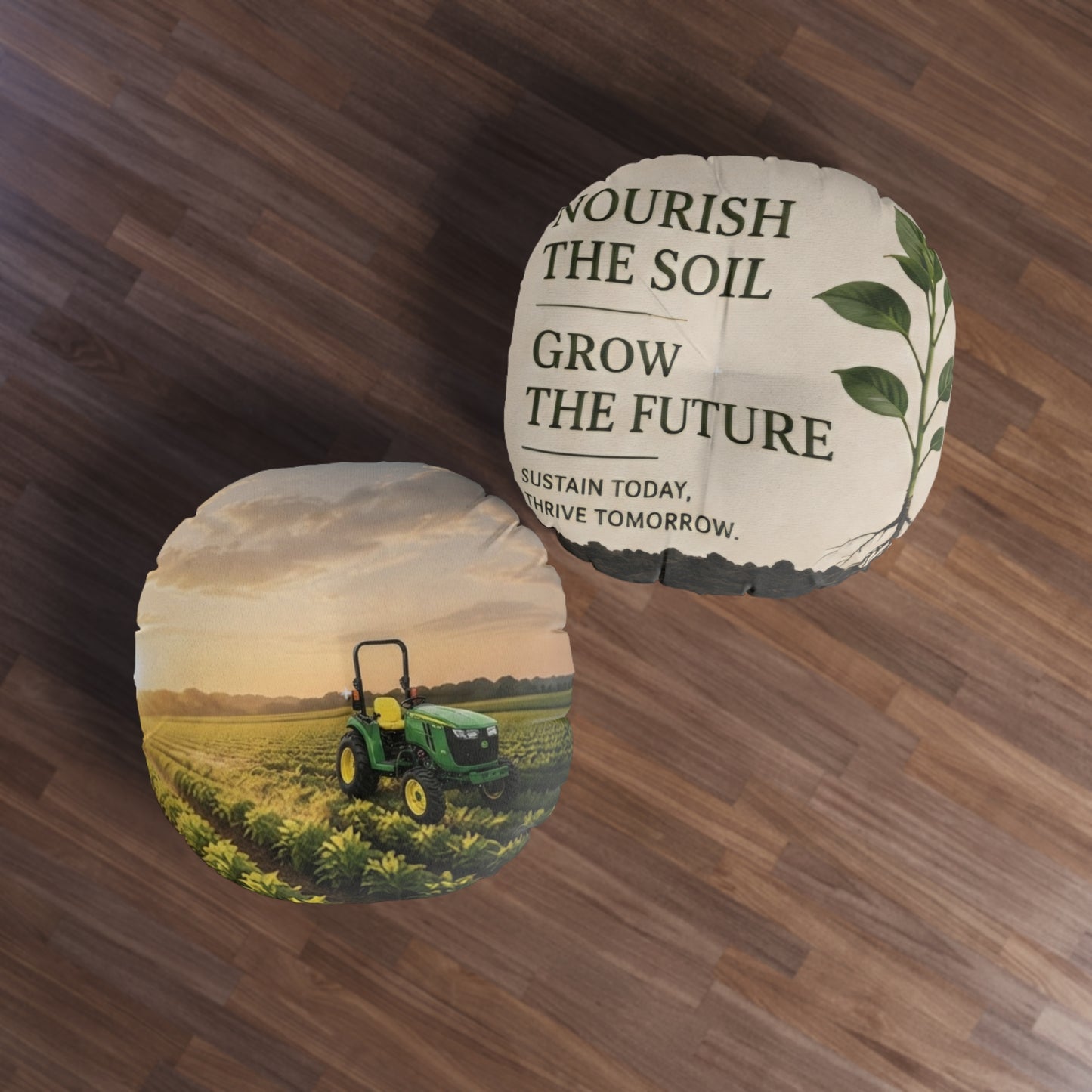 Custom Printed Round Tufted Floor Pillow — Tractor Farm & "Nourish the Soil" Eco Garden Decor