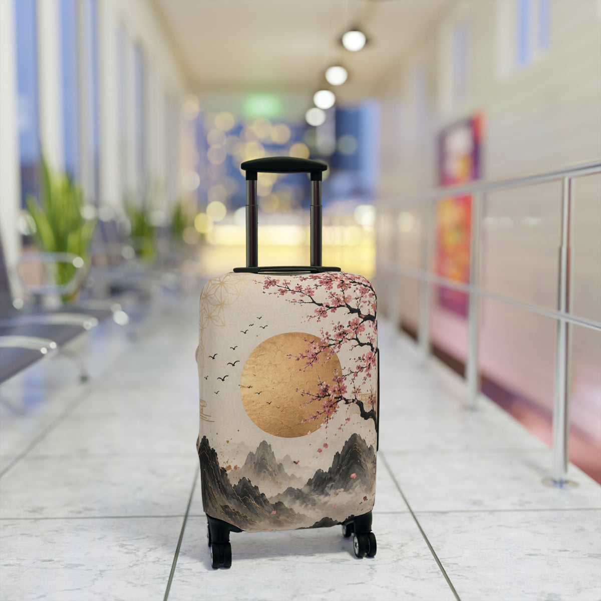 Custom Printed Cherry Blossom Luggage Cover – Japanese Sunrise Design, 3 Sizes, Spandex