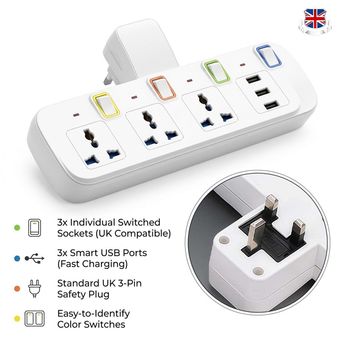 6-In 1 Multi Plug Extension Lead & USB Power Strip - Mayon Finds
