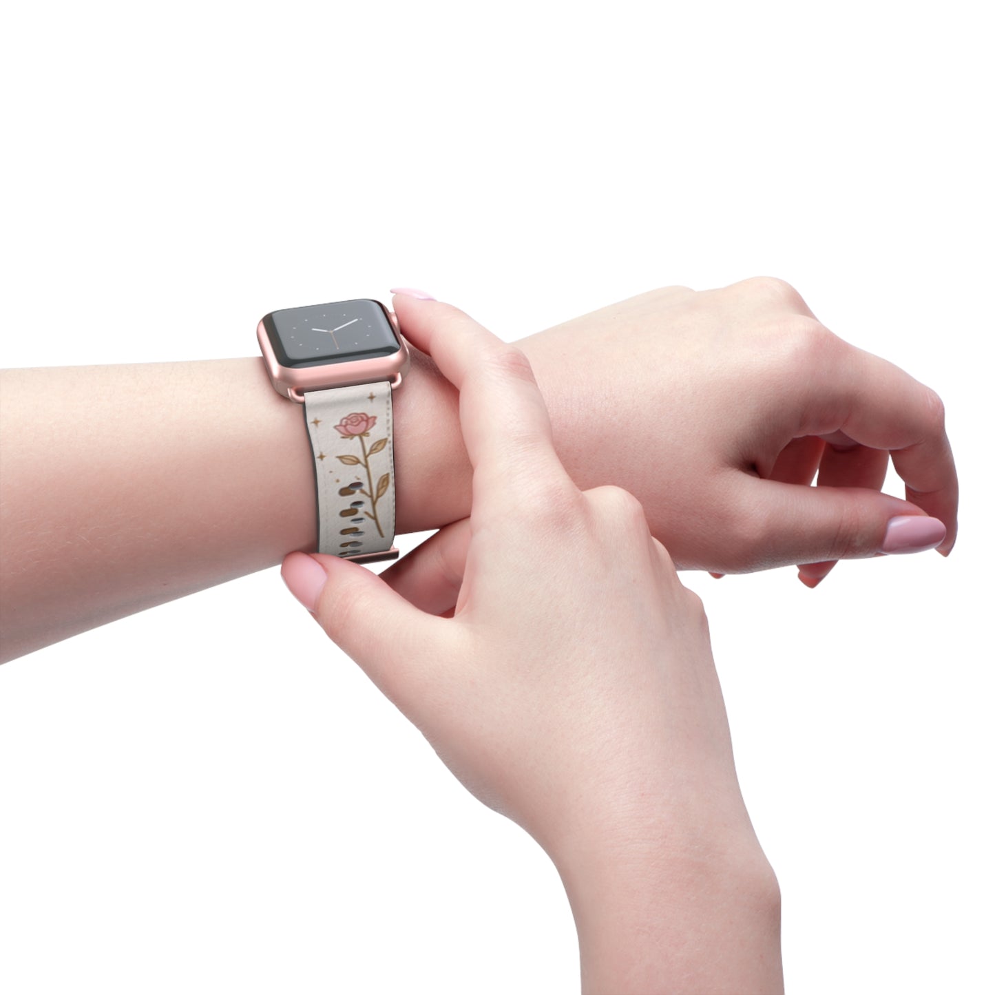 Custom Printed Floral Rose Leather Watch Band — Pink Heart & Gold Leaf Apple Watch Strap