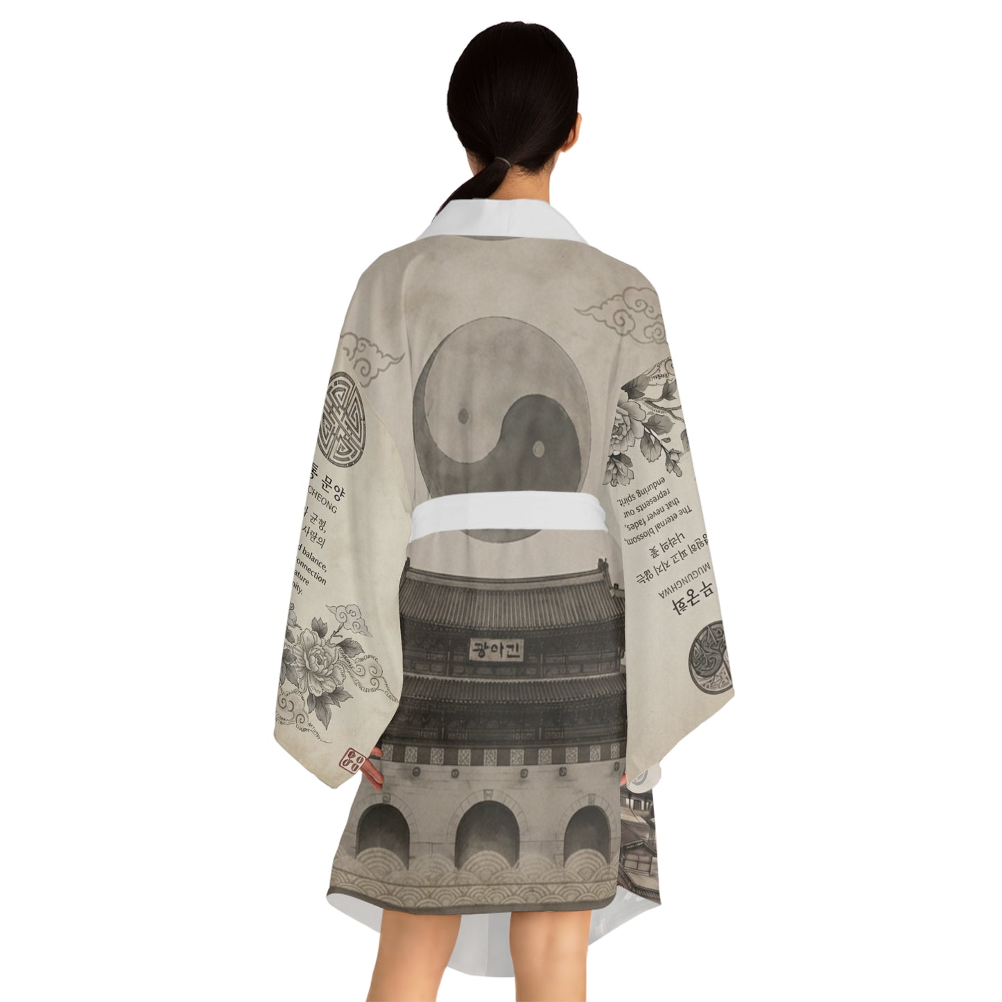 Custom Printed Korean Heritage Kimono Robe – 'GANGSAN MUJIN' Traditional Yin-Yang Design