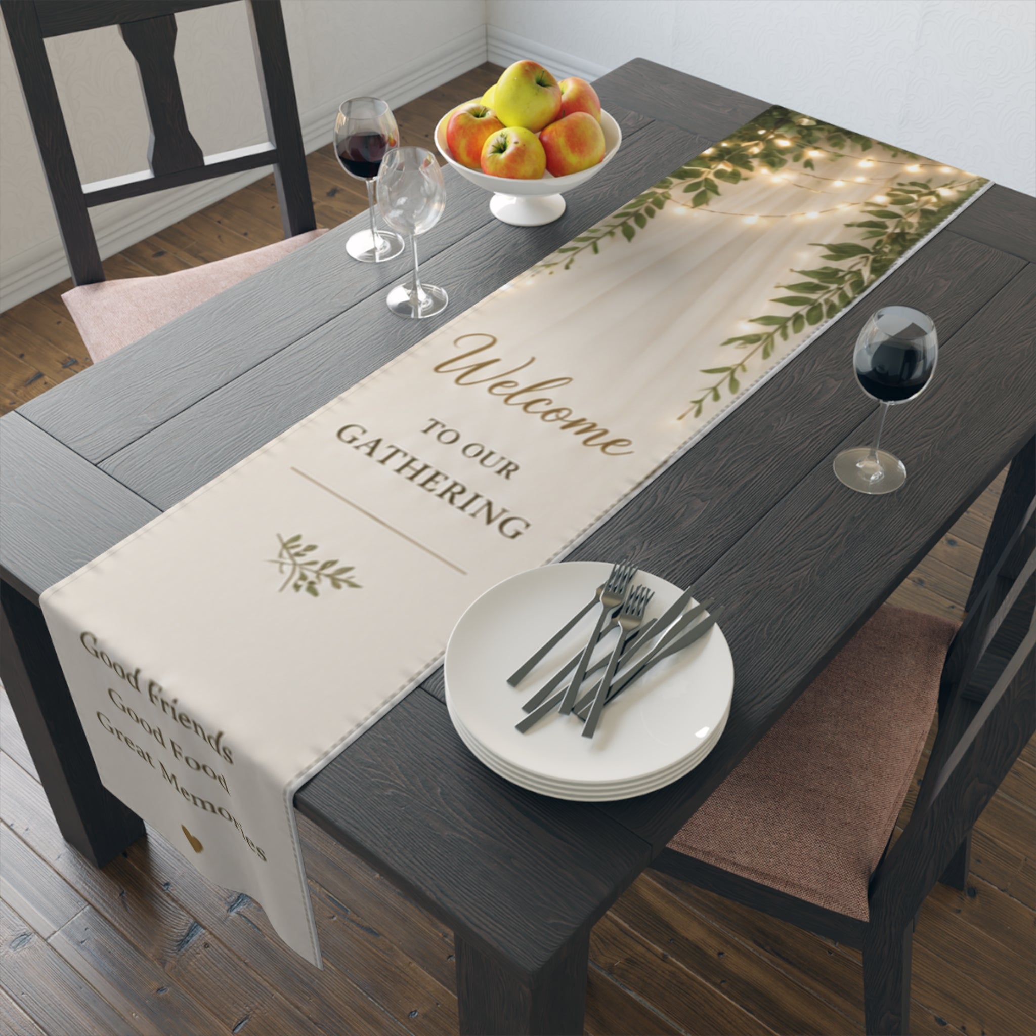 Custom Printed  Welcome to Our Gathering Table Runner — 'Good Friends, Good Food, Great Memories' (Rustic Greenery, Holiday & Family Entertaining)