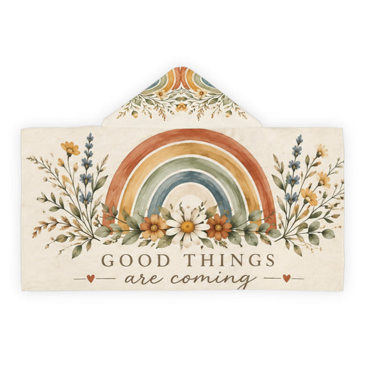 Custom Printed Youth Hooded Towel — 'Good Things Are Coming' Rainbow Floral Hooded Beach & Bath Towel - Mayon Finds
