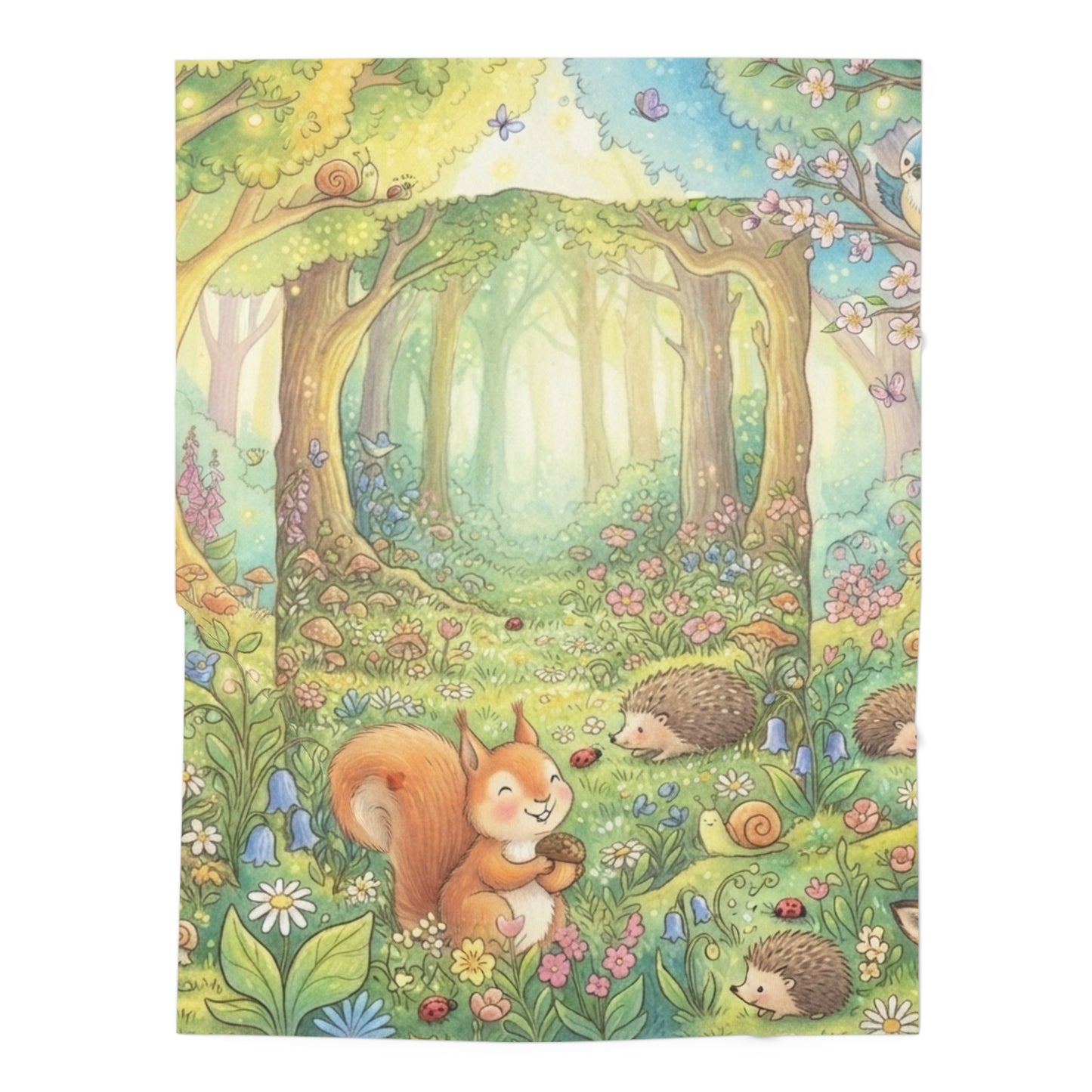 Custom Printed Woodland Baby Swaddle Blanket — Cute Squirrel & Hedgehog Nursery Wrap