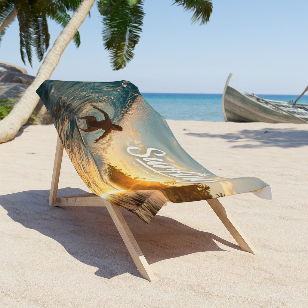Custom Printed Surfing Sunset Beach Towel — Surfer Wave Photo Print