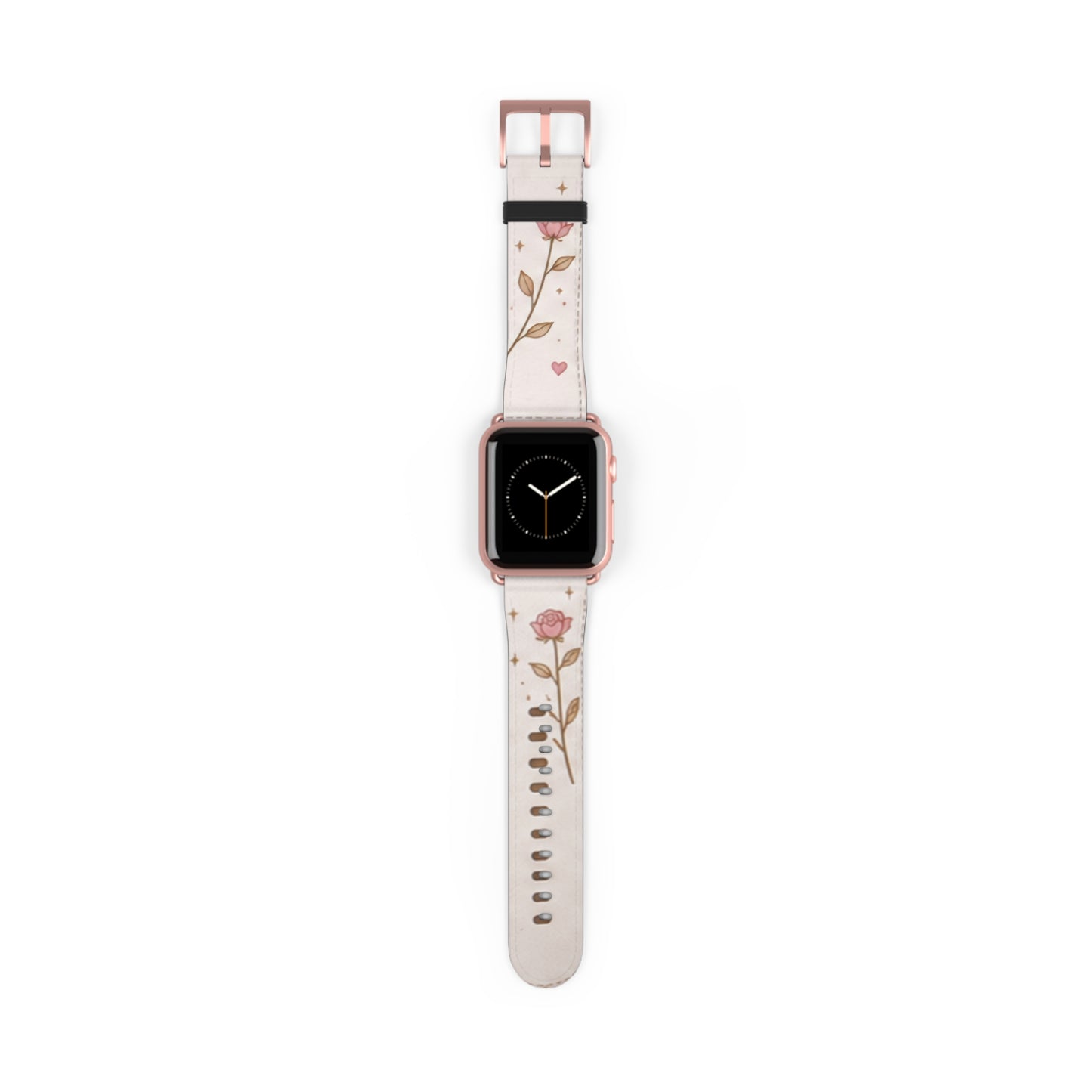 Custom Printed Floral Rose Leather Watch Band — Pink Heart & Gold Leaf Apple Watch Strap