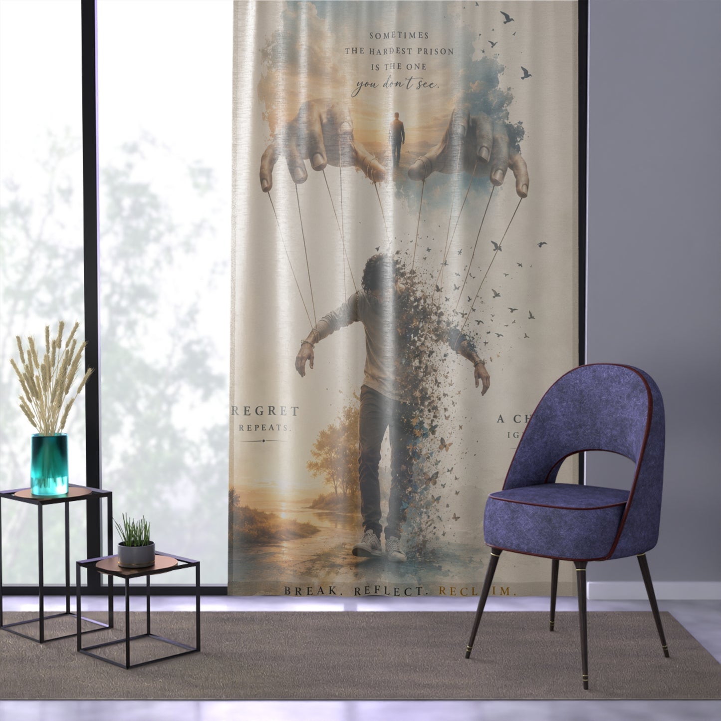 Custom Printed Inspirational Window Curtain — 'Regret or Choice' Motivational Art Panel