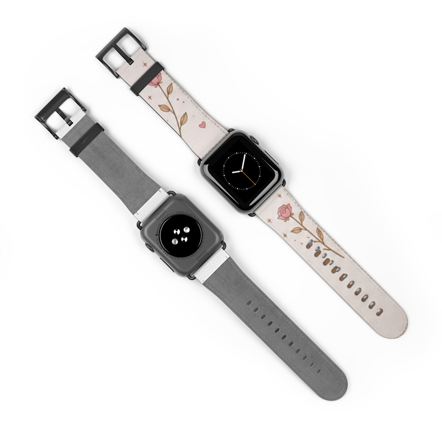 Custom Printed Floral Rose Leather Watch Band — Pink Heart & Gold Leaf Apple Watch Strap