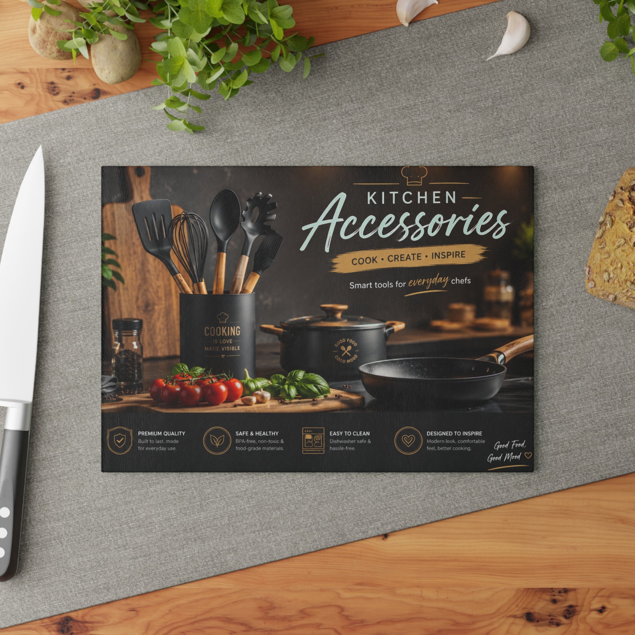 Custom Printed  Kitchen Accessories Glass Cutting Board – Decorative Chef Tools Design