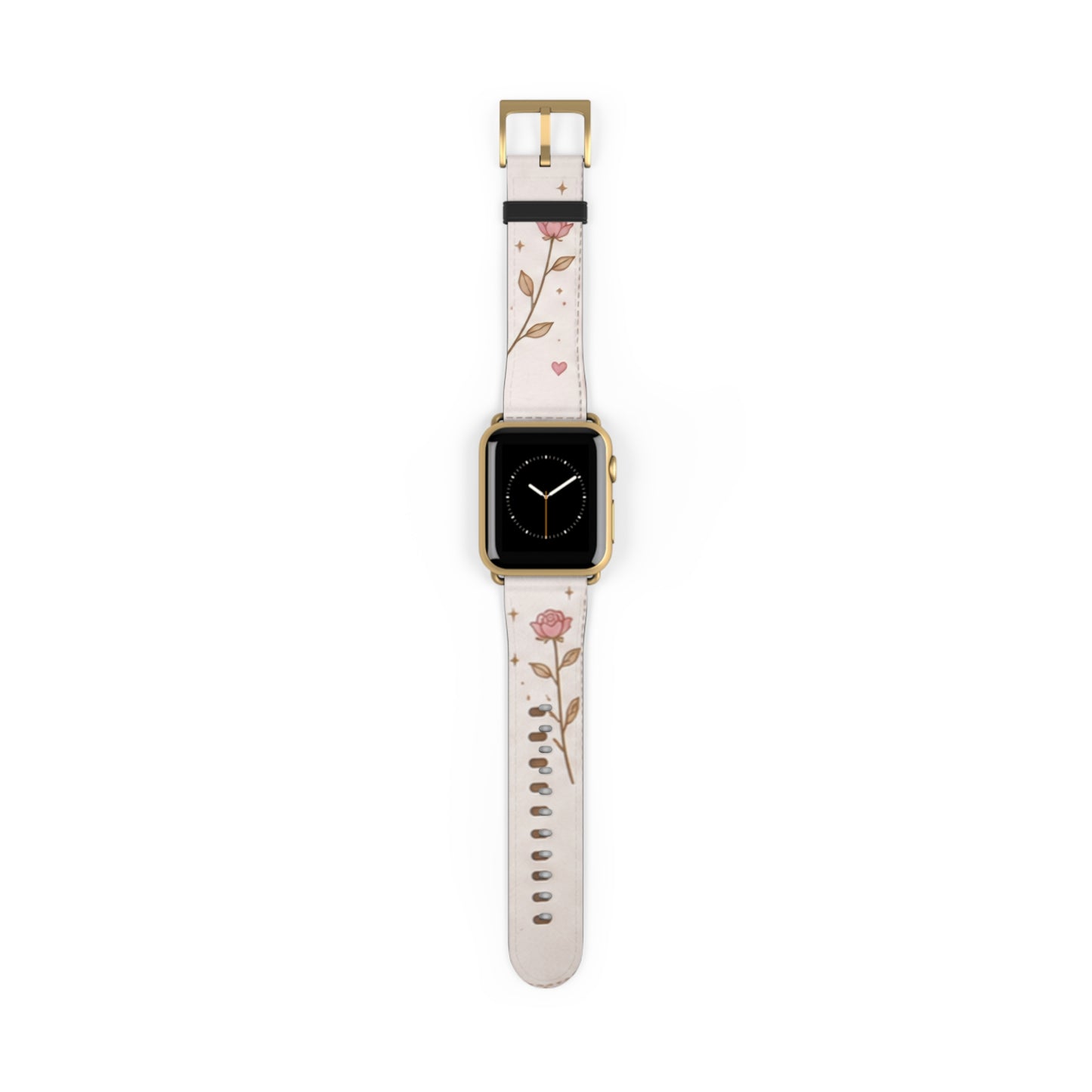 Custom Printed Floral Rose Leather Watch Band — Pink Heart & Gold Leaf Apple Watch Strap