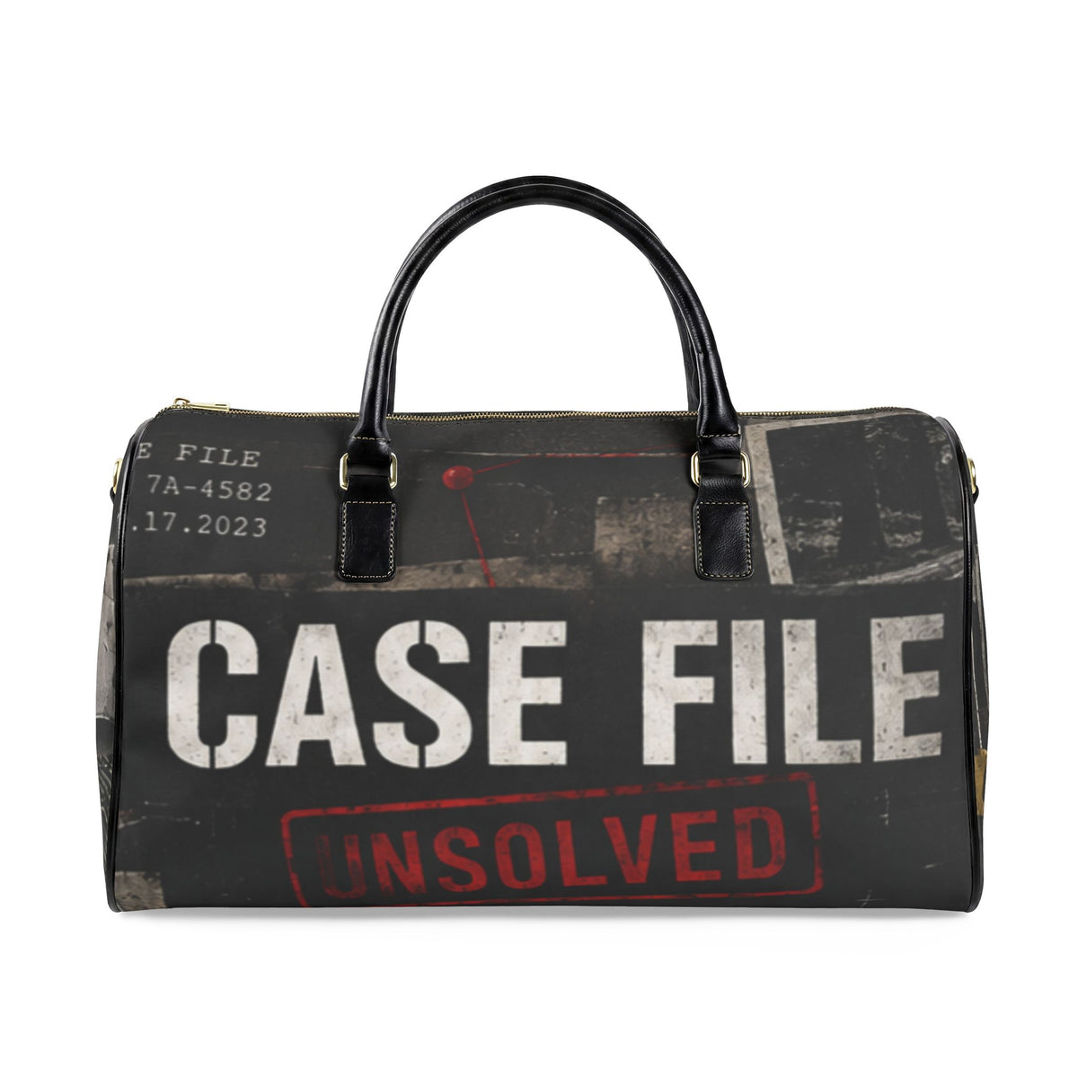 Custom Printed Unsolved Case File Faux Leather Travel Bag – Detective Crime Scene Duffle with Fingerprint Design - Mayon Finds
