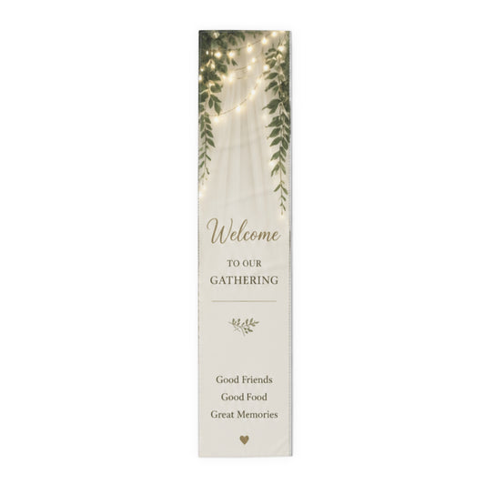 Custom Printed  Welcome to Our Gathering Table Runner — 'Good Friends, Good Food, Great Memories' (Rustic Greenery, Holiday & Family Entertaining)