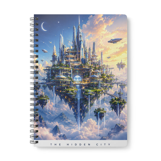 Custom Printed A5 Fantasy Journal – "The Hidden City" Floating Island, 150 Ruled Pages